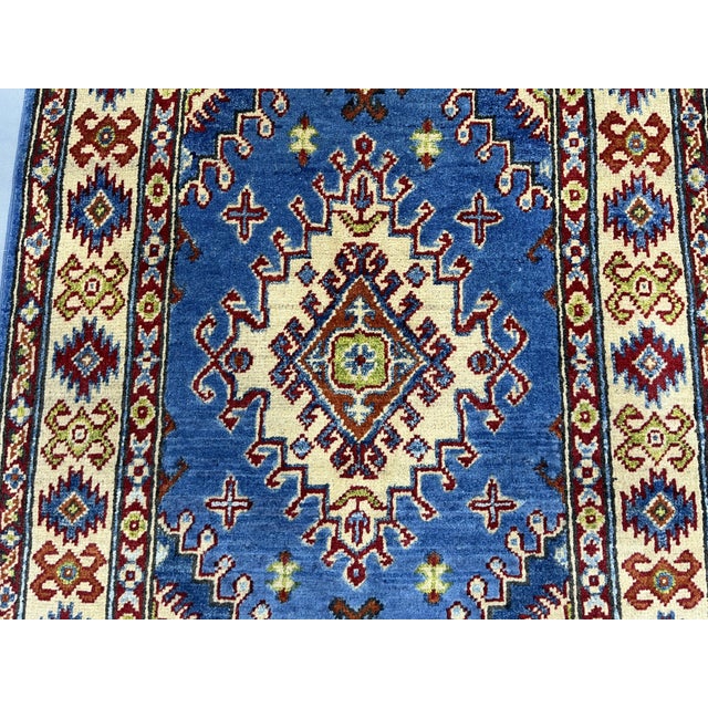 Textile Blue and Cream Kazak Wool Runner Rug With Tribal Medallions, 2'8" X 6'11" For Sale - Image 7 of 14