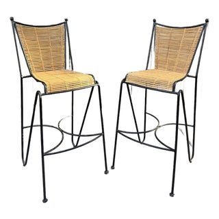 Mid-Century Modern Wrought Iron & Woven Rattan Bar Stools — A Pair For Sale