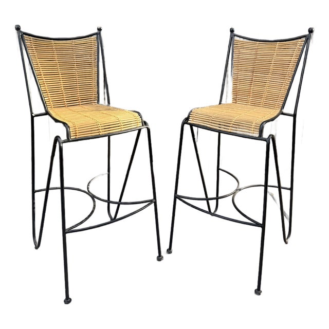 Mid-Century Modern Wrought Iron & Woven Rattan Bar Stools — A Pair For Sale