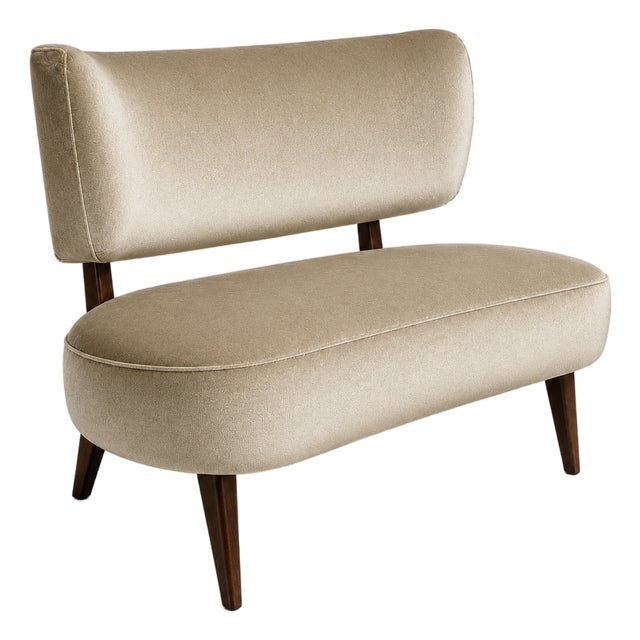 Brazilian Modern Loveseat in Imbuia Wood and Sage Mohair, Cimo, Brazil, 1950s For Sale