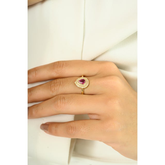 Pear Shape Double Halo 14k Gold Engagement Ring Size 7 For Sale - Image 4 of 11