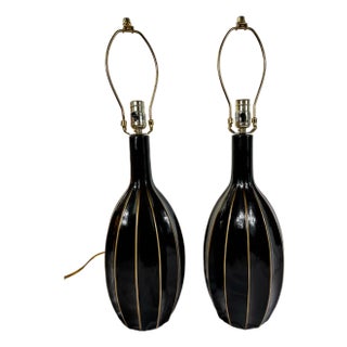Contemporary Anthony California Black Laquered Ceramic Table Lamps - a Pair For Sale