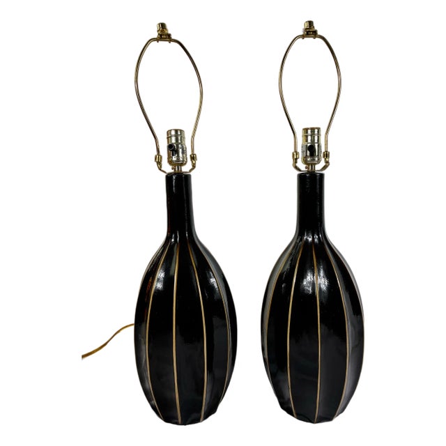 Contemporary Anthony California Black Laquered Ceramic Table Lamps - a Pair For Sale