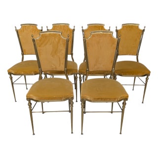 Brass and Mustard Velvet Chairs, 1960s, Set of 6 For Sale