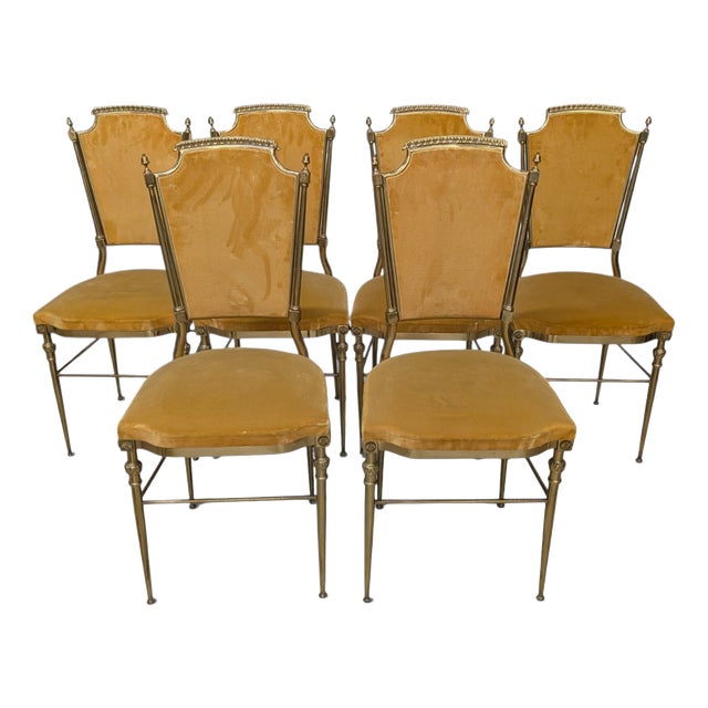 Brass and Mustard Velvet Chairs, 1960s, Set of 6 For Sale