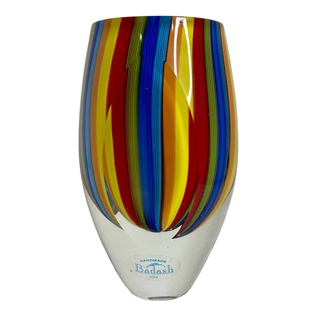 Vintage MCM Badash Crystal 6 In. Rainbow Murano Style Art Glass Vase For Sale