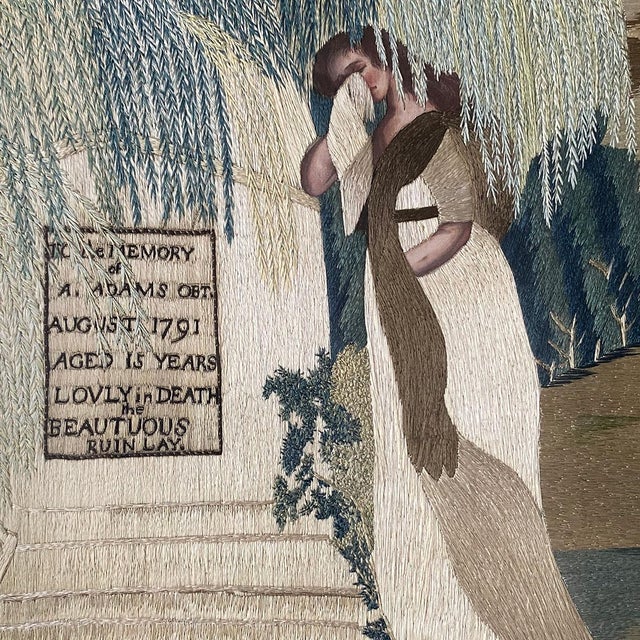 American New England School Silk and Needlework Mourning Picture to A. Adams For Sale - Image 9 of 12