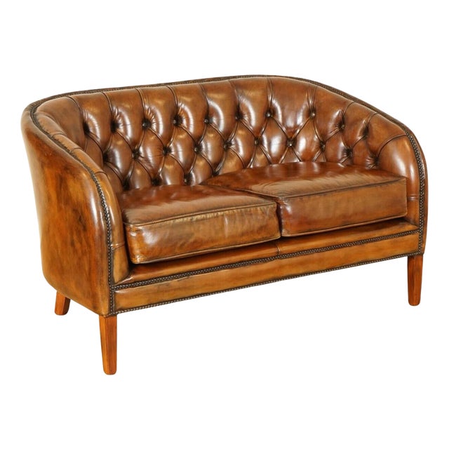 Whiskey Brown Hand-Dyed Leather 2-Seater Sofa, 1940s For Sale
