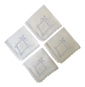 1920s Shabby Chic Hand-Stitched Antique Linen Blue and White Luncheon or Dessert Napkins - Set of 4