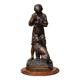 Early 20th C. Belgian Patinated Spelter Sculpture of Boy Feeding Dog by Rousseau For Sale