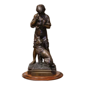 Early 20th C. Belgian Patinated Spelter Sculpture of Boy Feeding Dog by Rousseau