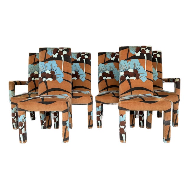 Set of 6 Upholstered Boho Chic Dining Chairs in Jack Lenor Larsen Fabric For Sale