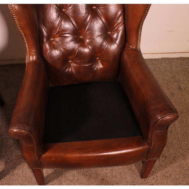 Animal Skin Vintage Wingback Chesterfield Chairs in Brown Leather, 1990s, Set of 2 For Sale - Image 7 of 11