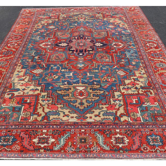 Tribal Antique Persian Heriz Serapi Rug With Blue Field Geometric Medallion Design For Sale - Image 3 of 17