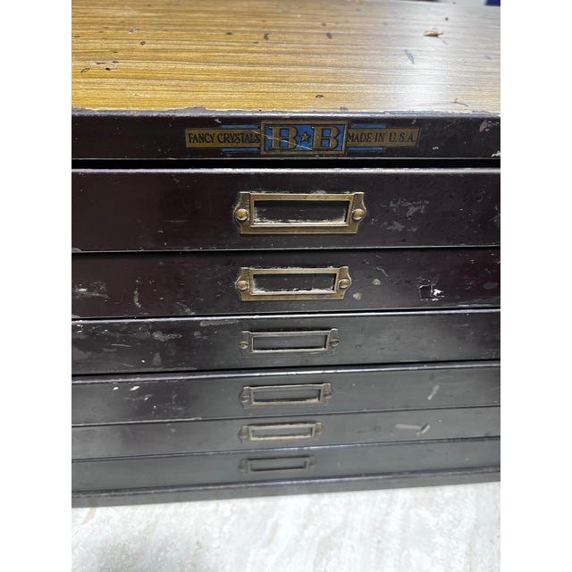 Antique Metal Six Drawer Watchmaker’s Cabinet or Storage Drawers | E & J Swigart Co + Fancy Crystals B & B For Sale - Image 9 of 12