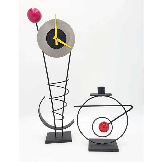 Rick Martin Modern Memphis Pop Art Steel Clock & Candleholder Sculpture Set For Sale - Image 9 of 14
