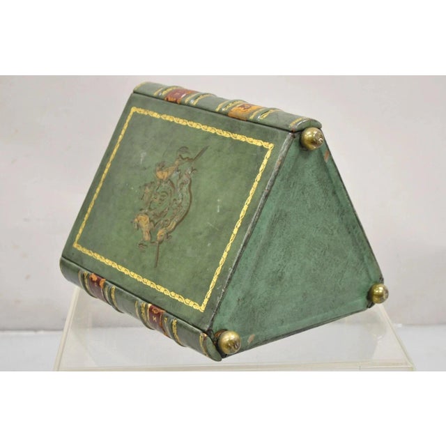 Vintage Italian Regency Green Leather Triangular Book Form Wastebasket Trash Can For Sale In Philadelphia - Image 6 of 12