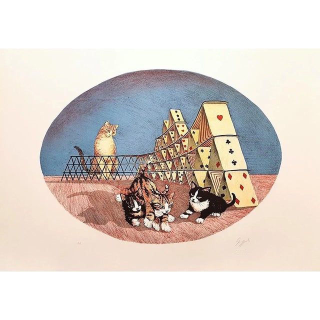 Cats Playing - Original Lithograph by G. Giuggioli - 1980 1980 For Sale