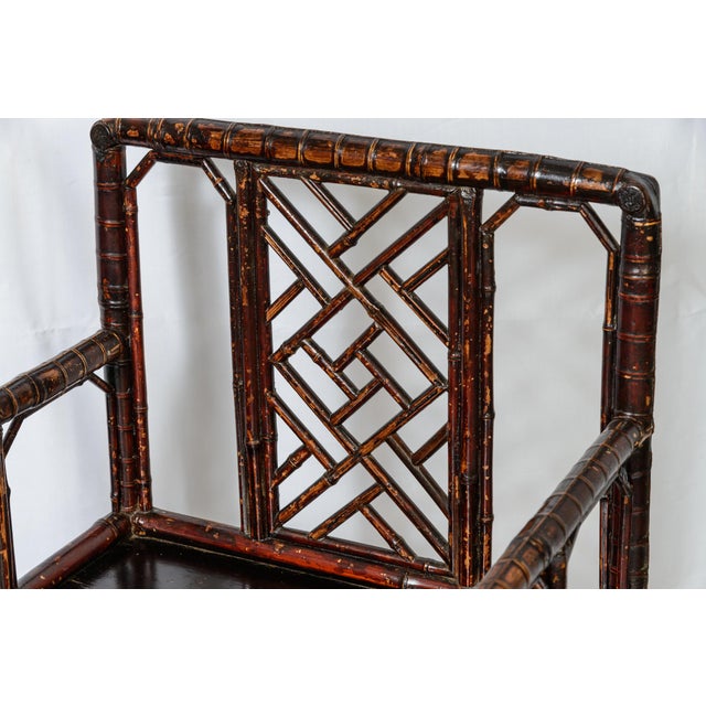 Wood 19Th C. Pair Chinese Dark Tortoiseshell Bamboo Armchairs Early For Sale - Image 7 of 12