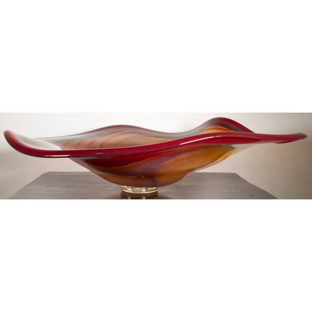 Large Signed Studio Art Glass Centerpiece Bowl – Red, Gold & Amber – 23” W For Sale In West Palm - Image 6 of 9