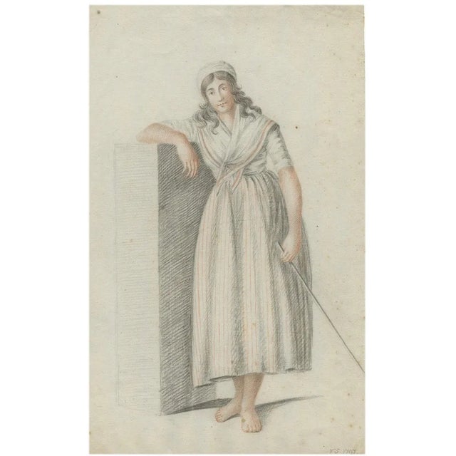 After Verburgh, Standing Woman with Staff, 1797, Chalk on Paper For Sale