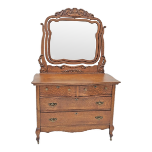 Antique 1900s Tiger Oak Dresser W/ Swivel & Tilt Carved Beveled Mirror Restored