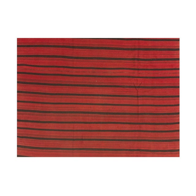 1950s Red Field Modern Stripe Vintage Turkish Kilim Flatweave Wool Small Rug For Sale - Image 4 of 4