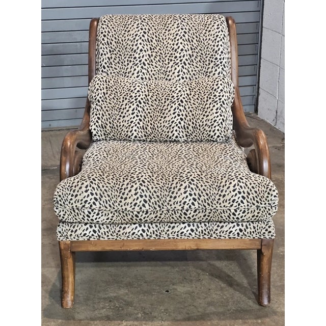 African Pair of Late 20th Century Safari Style Wooden Framed Arm Chairs With Designer Leopard Print Fabric For Sale - Image 3 of 9