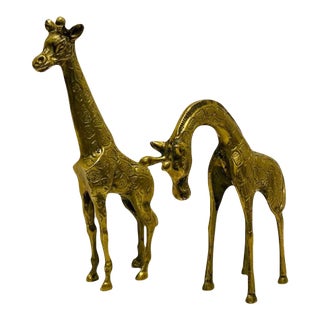 Pair of Vintage Hollywood Regency Solid Brass Giraffes Large and Small For Sale