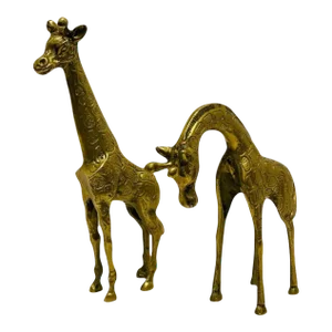 Pair of Vintage Hollywood Regency Solid Brass Giraffes Large and Small