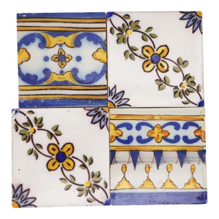 19th Century Set of Four Baroque Floral Tiles, Portuguese For Sale
