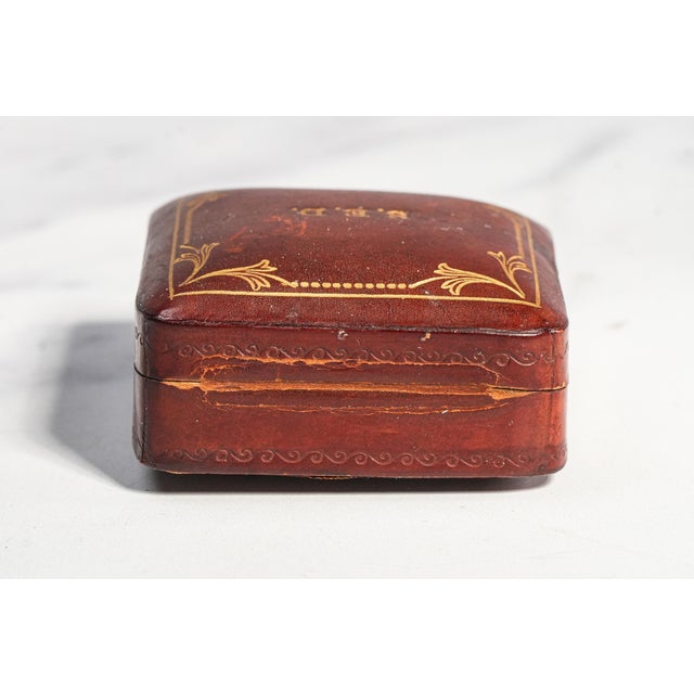 Animal Skin Lovely Small Mid Century Vintage Square Gold Gilt Hand Tooled Leather Jewelry Storage Presentation Box For Sale - Image 7 of 9
