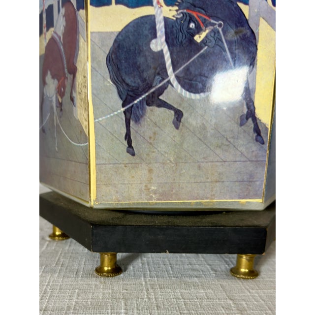 Vintage Chinoiserie Reverse Painted Hexagonal Tang Horse Table Lamp With Bespoke Navy Blue Shade For Sale - Image 11 of 12