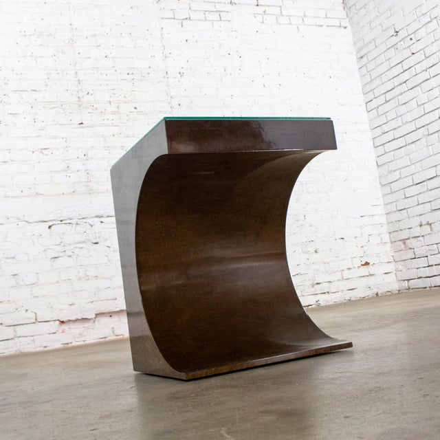 Late 20th Century Late 20th Century Modern Geometric Crescent End or Side Table Burl Veneer With Rectangle Glass Top For Sale - Image 5 of 18