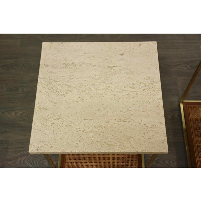 Mid-Century Modern 1960s Paul McCobb Brass and Travertine End Tables - a Pair For Sale - Image 3 of 9