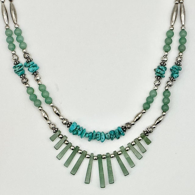 Jade 1970s Vintage Southwestern Mexican Boho Chic Double Strand Sterling, Turquoise & Jade Necklace For Sale - Image 8 of 18