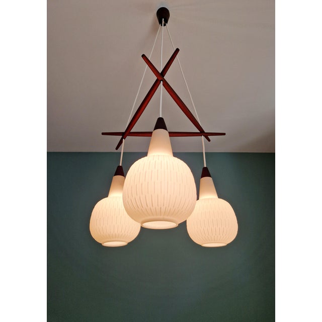 Scandinavian Chandelier in Teak and White Opaline Glass, 1960s For Sale - Image 3 of 18
