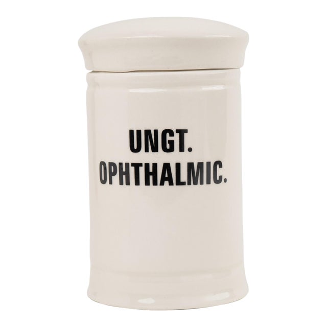 Antique-Style Ceramic Apothecary Jar With Lid - Ungt. Ophthalmic. For Sale