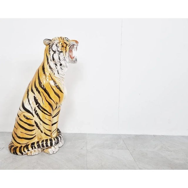 Orange Large Ceramic Hand Painted Tiger, Italy, 1970s For Sale - Image 8 of 9