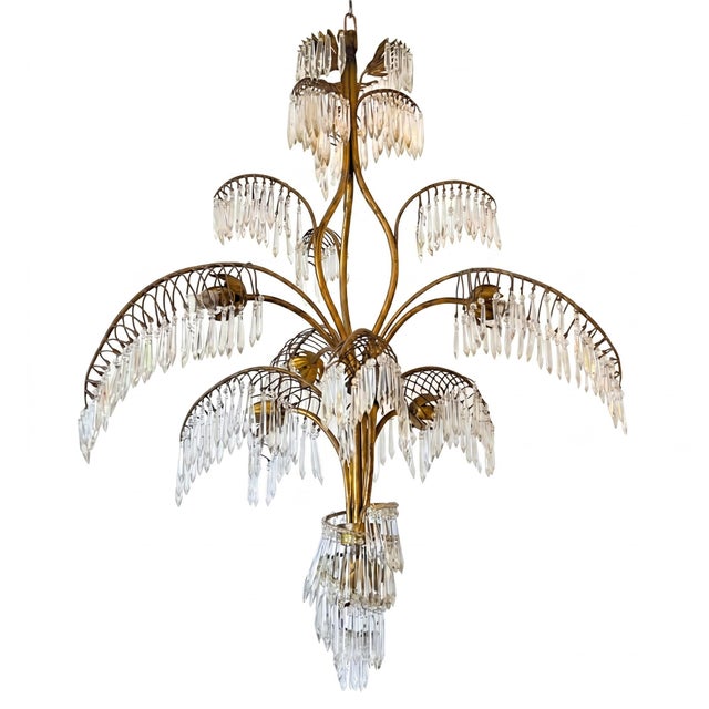 French Brass and Glass 7-Light Palm Chandelier, 1950s For Sale - Image 6 of 6