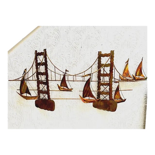 Vintage Mid Century Modern Metal Golden Gate Bridge Boats Wall Hanging For Sale
