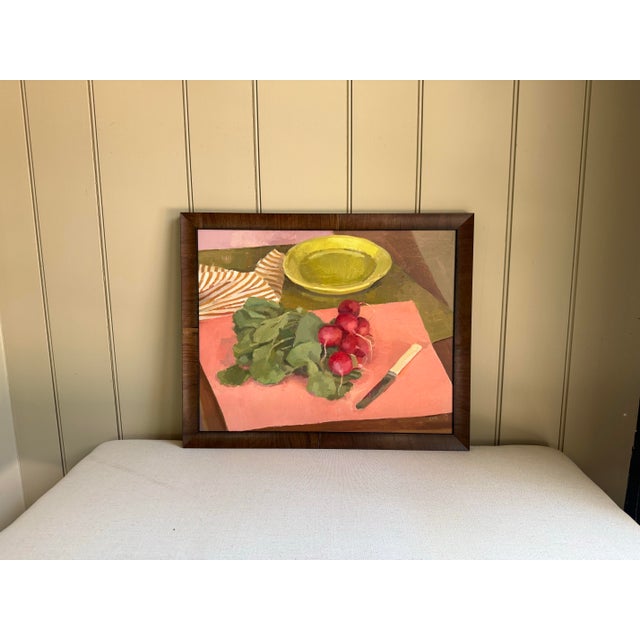 A colorful still life a radishes and bright green plate. I enjoy the composition and the bright colors of the painting.