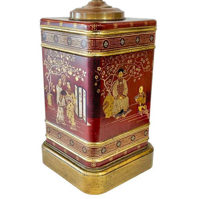 Mid 20th Century Vintage Frederick Cooper Style Red Chinoiserie Tin Tea Caddy Lamp For Sale - Image 5 of 14