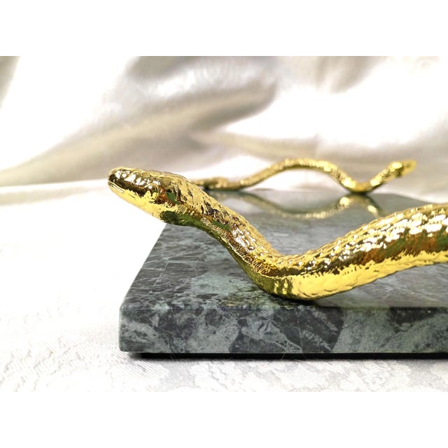 Art Deco 1990s Art Deco Michael Aram Brass Snake Grazing Board Verde Guatemala Green Marble Cheese Charcuterie Tray Serpent Art Deco Hollywood Regency Platter For Sale - Image 3 of 13
