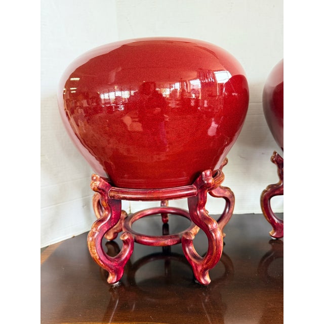 Pair of Large Chinese Red Oxblood Porcelain Urns Jardinieres on Carved Stands For Sale In New York - Image 6 of 8
