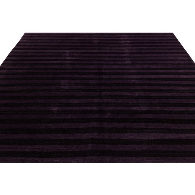 Contemporary Tibetan Hand-Knotted Wool and Silk Rug With Deep Plum Stripes For Sale - Image 10 of 10
