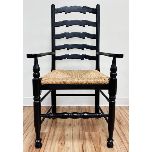 Late 20th Century Maitland-Smith Style Black Ladderback Rush Seat Dining Chairs, S/6 For Sale - Image 5 of 12