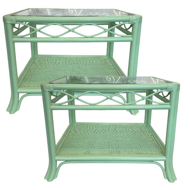 Wood Vintage Coastal Rattan & Glass Side Tables For Sale - Image 7 of 8