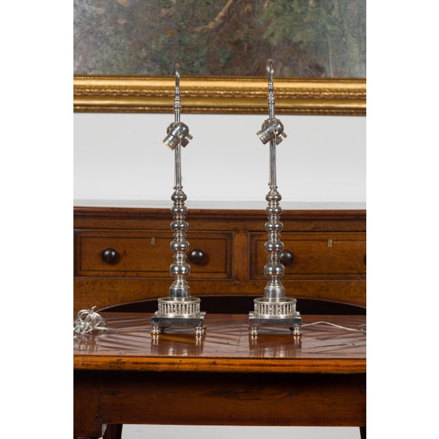Mid 20th Century 1940s English Two-Light Silverplate Bobbin Lamps with Pierced Galleries - Pair For Sale - Image 5 of 9