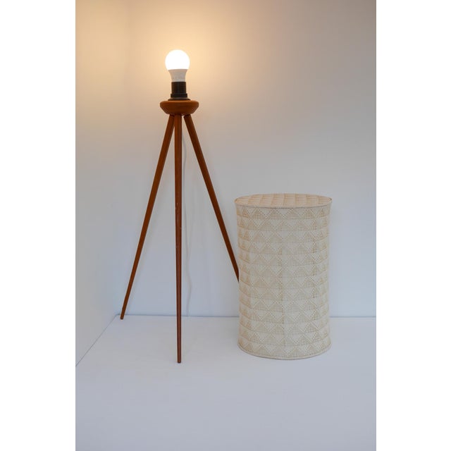 Large Scandinavian Teak Tripod Floor Lamp with Drawn Thread Embroidery Shade For Sale - Image 10 of 13